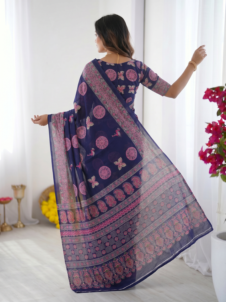 Navy Blue Modal Silk Saree with Paisley &amp; Circular Motif Print | Designer Heritage Pallu Saree for Festive Wear