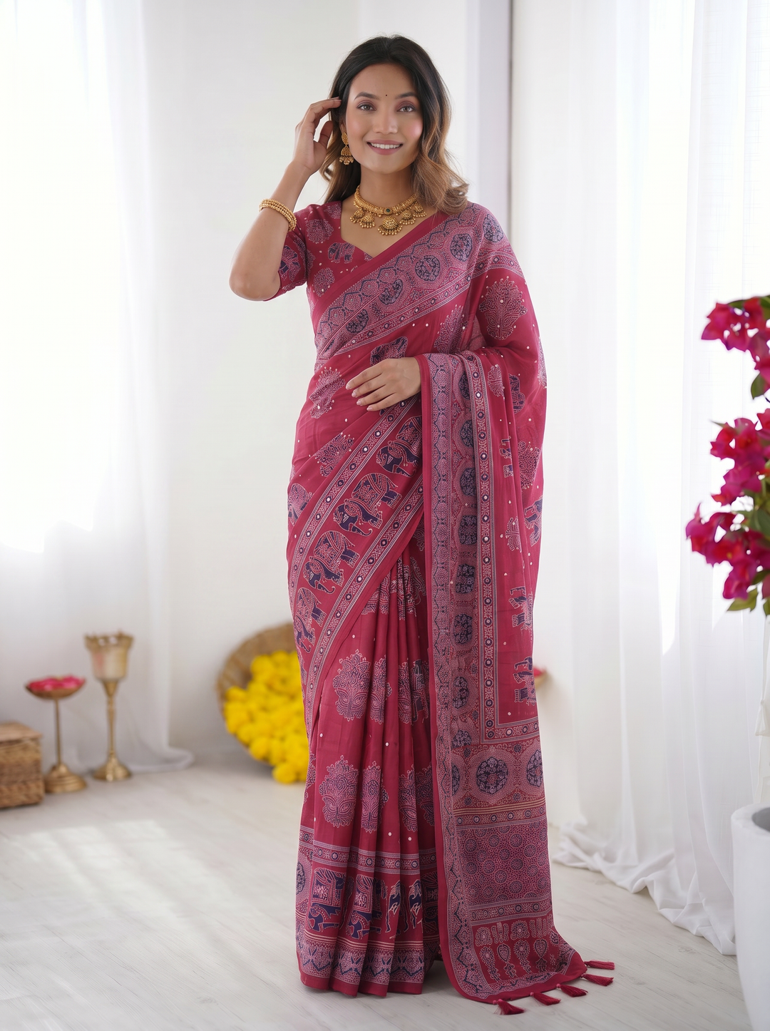 Rani Pink Modal Silk Saree with Elephant Motif Ajrakh Print &amp; Designer Pallu | Festive Ethnic Wear Saree