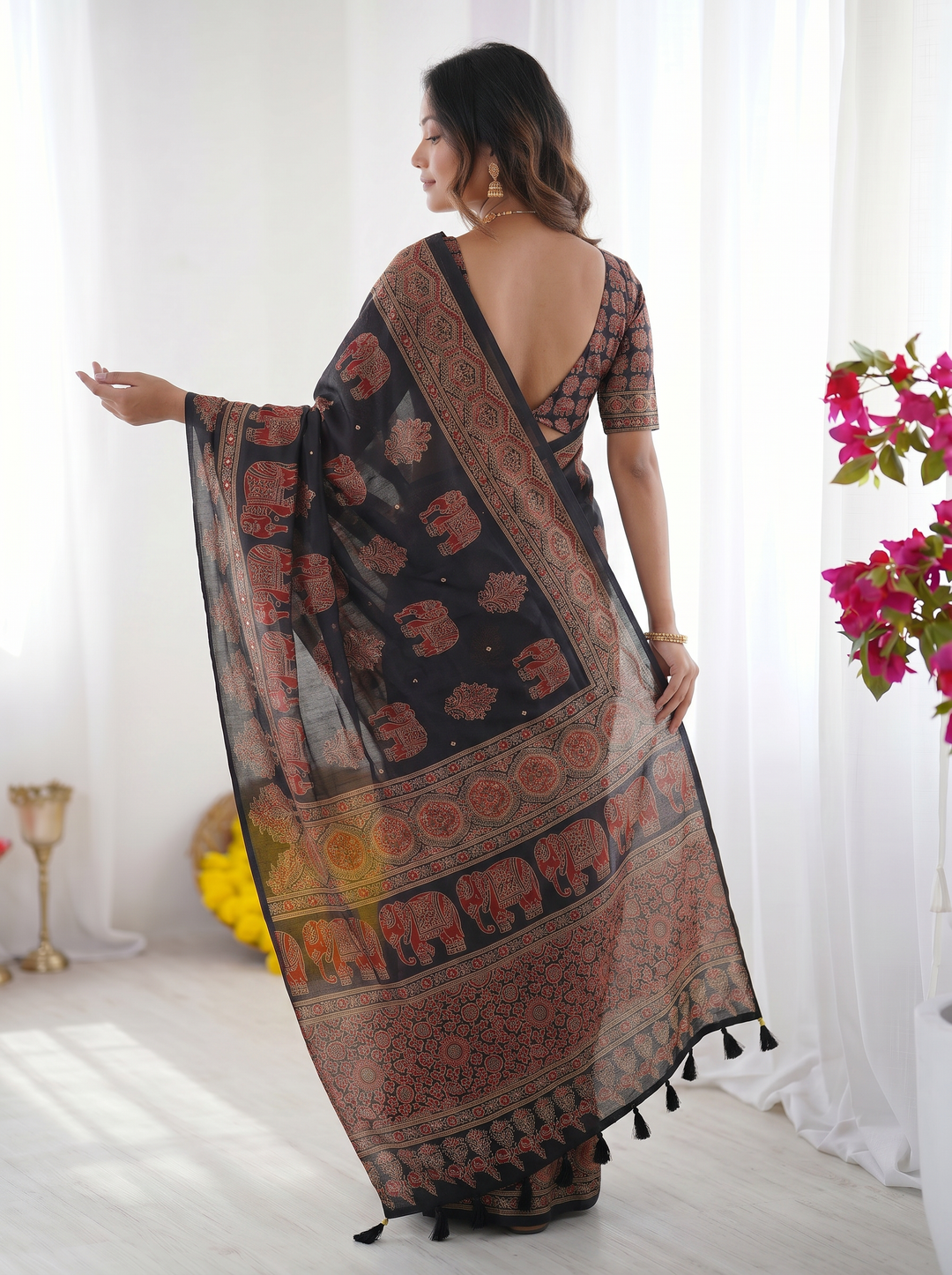 Black Modal Silk Saree with Elephant Motif Ajrakh Print &amp; Heritage Designer Pallu | Traditional Festive Wear Saree
