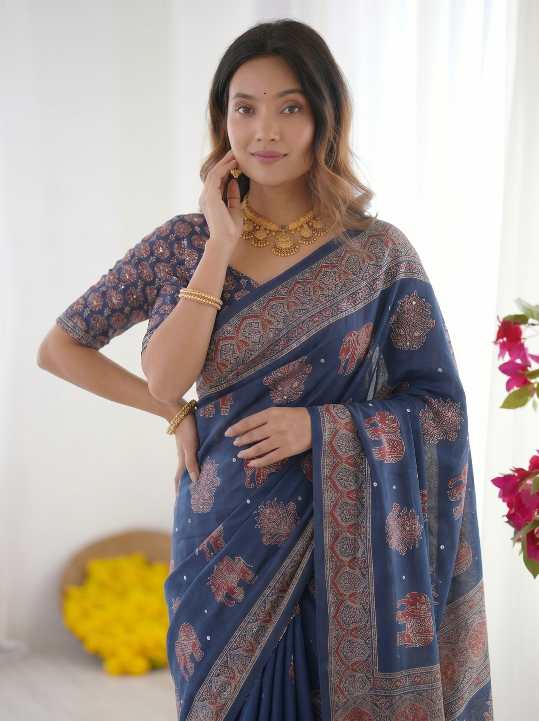 Royal Blue Modal Silk Saree with Elephant Motif Heritage Print &amp; Designer Pallu | Traditional Festive Wear Saree