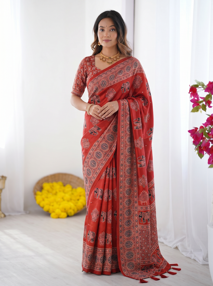 Rust Red Modal Silk Saree with Elephant Motif Ajrakh Print &amp; Designer Pallu | Traditional Ethnic Festive Wear Saree