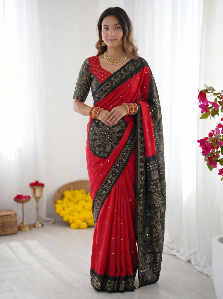 Crimson Red &amp; Black Modal Silk Saree with Traditional Bandhani Inspired Motifs, Stone Work &amp; Heritage Folk Art Pallu