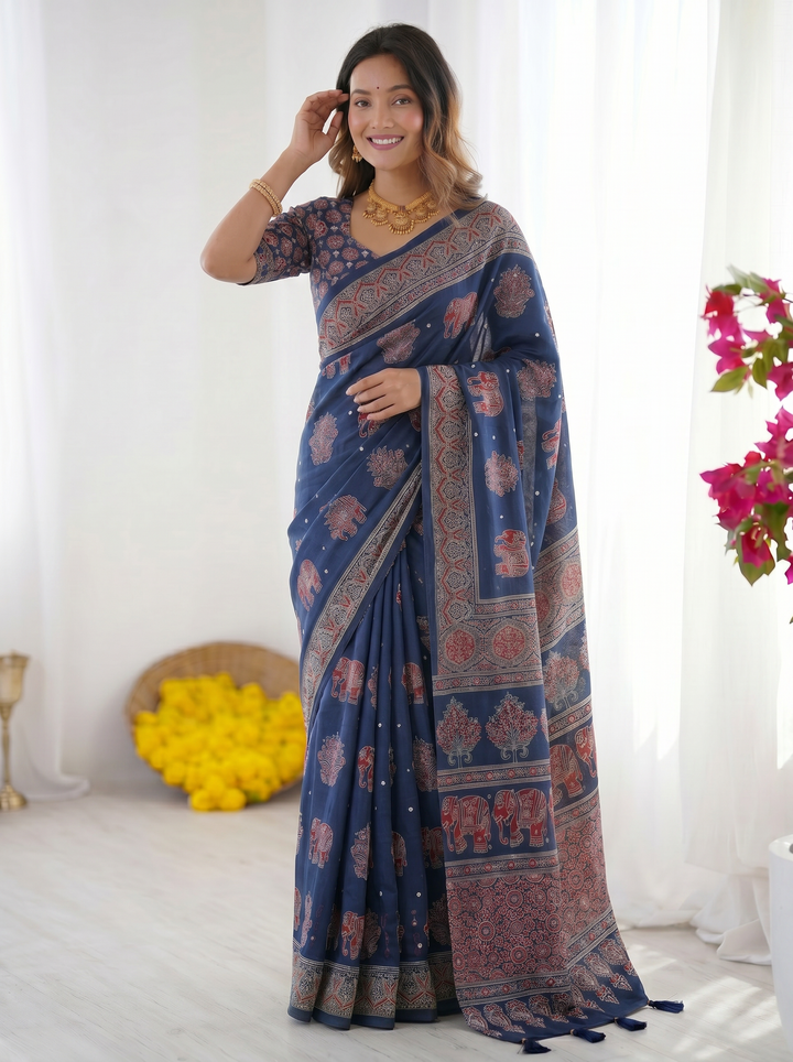 Royal Blue Modal Silk Saree with Elephant Motif Heritage Print &amp; Designer Pallu | Traditional Festive Wear Saree