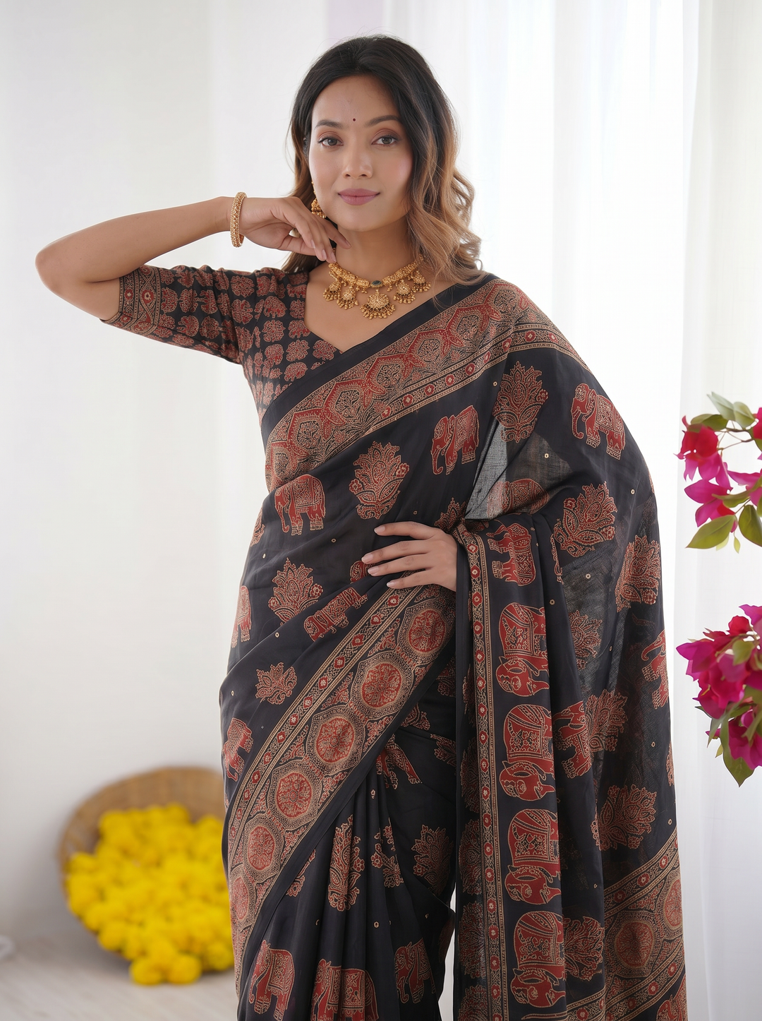 Black Modal Silk Saree with Elephant Motif Ajrakh Print &amp; Heritage Designer Pallu | Traditional Festive Wear Saree