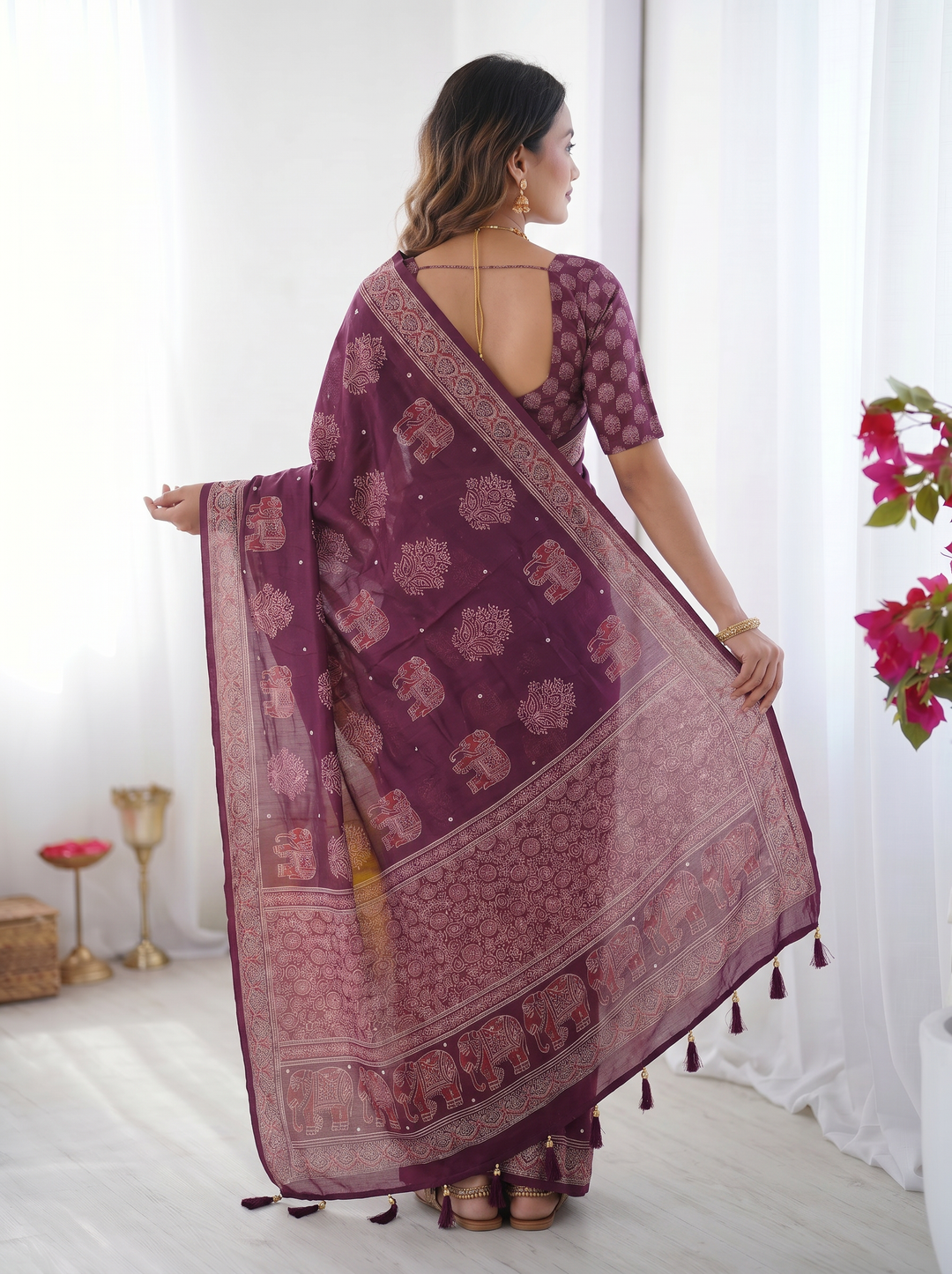 Plum Purple Modal Silk Saree with Elephant Motif Print &amp; Heritage Designer Pallu | Traditional Festive Wear Saree
