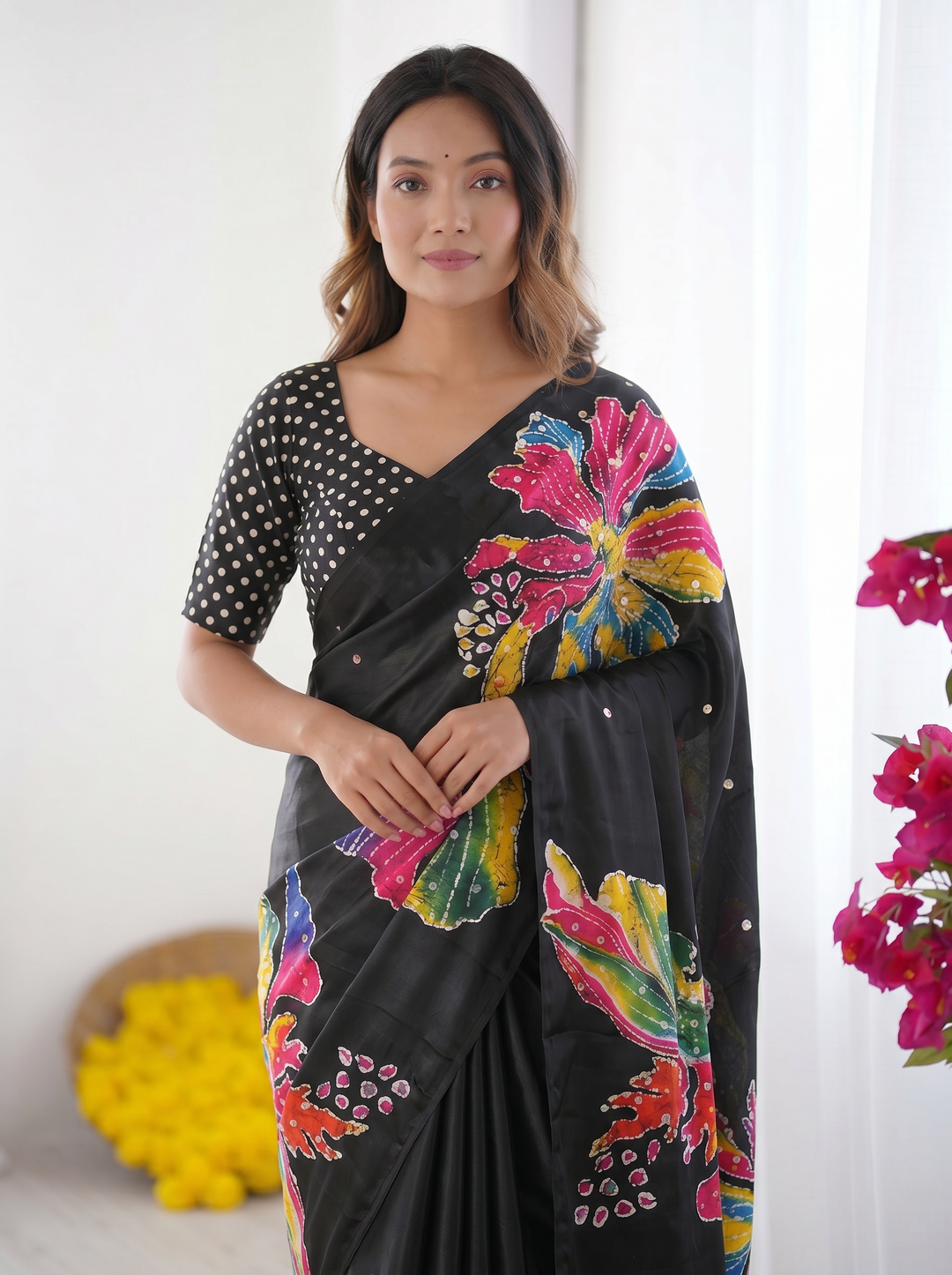 Black Modal Silk Saree with Multicolor Floral Art Print, Handcrafted-Inspired Design &amp; Designer Tassel Pallu