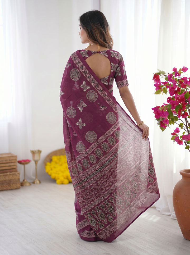 Wine Purple Modal Silk Saree with Traditional Circular Motif Print &amp; Heritage Designer Pallu | Festive &amp; Ethnic Wear Saree