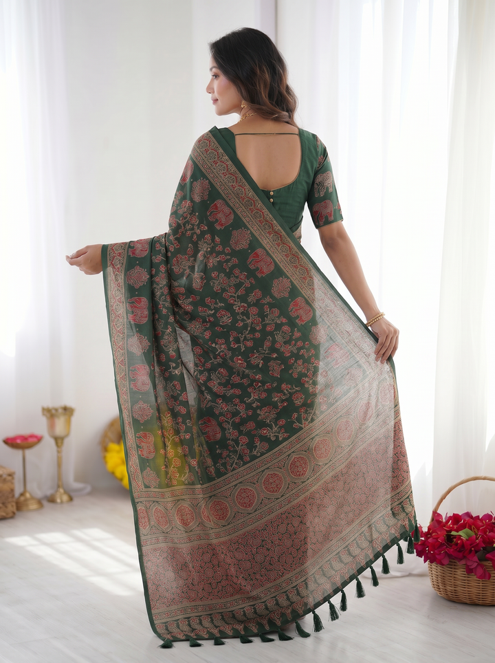 Forest Green Modal Silk Saree with Elephant Motif Ajrakh Print &amp; Designer Heritage Pallu | Traditional Festive Wear Saree