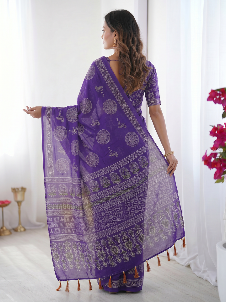 Royal Purple Modal Silk Saree with Circular Medallion Print &amp; Heritage Designer Pallu | Festive &amp; Ethnic Wear Saree