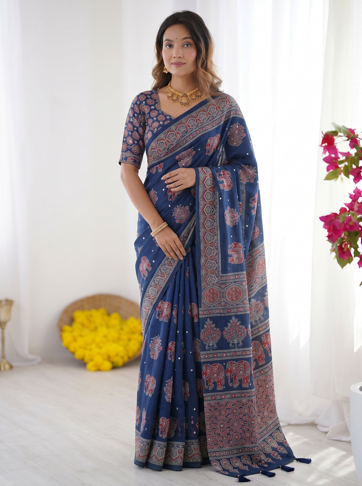 Royal Blue Modal Silk Saree with Elephant Motif Heritage Print &amp; Designer Pallu | Traditional Festive Wear Saree