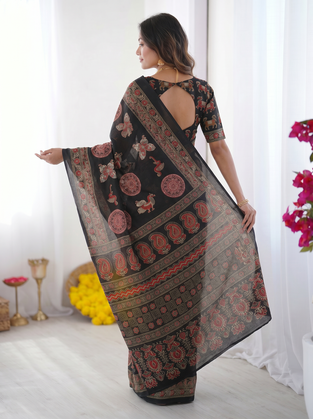 Black Modal Silk Saree with Traditional Ajrakh-Inspired Circular Motif Print &amp; Designer Pallu | Festive &amp; Ethnic Wear Saree