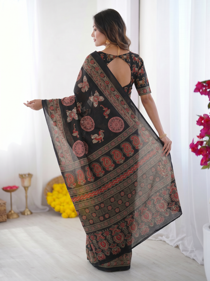 Black Modal Silk Saree with Traditional Ajrakh-Inspired Circular Motif Print &amp; Designer Pallu | Festive &amp; Ethnic Wear Saree