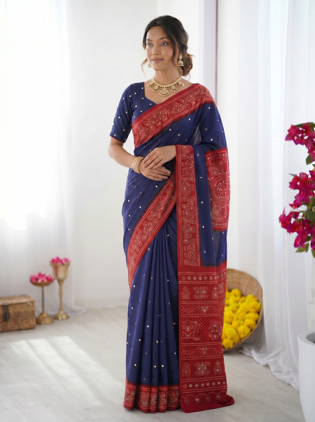 Royal Blue &amp; Crimson Red Bandhani Inspired Modal Silk Saree with Traditional Folk Art Pallu &amp; Stone Embellishments
