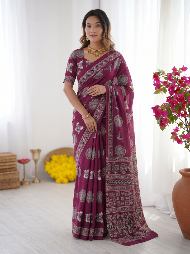 Wine Purple Modal Silk Saree with Traditional Circular Motif Print &amp; Heritage Designer Pallu | Festive &amp; Ethnic Wear Saree