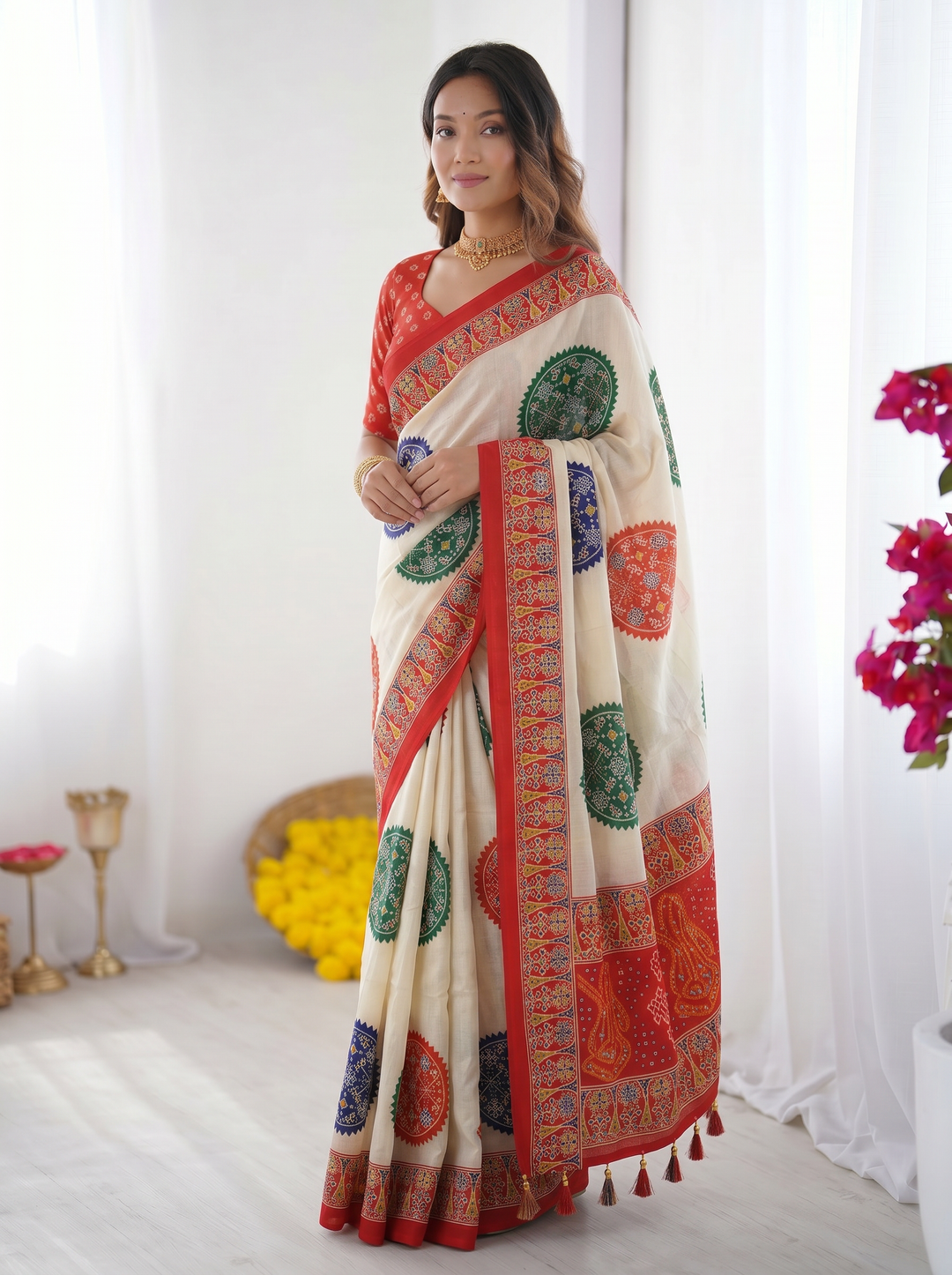 Ivory White &amp; Vermilion Red Pure Modal Silk Saree with Multicolor Mandala Print &amp; Traditional Designer Pallu