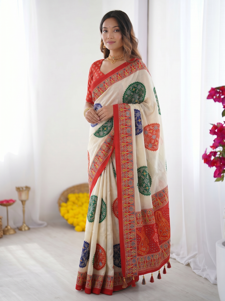 Ivory White &amp; Vermilion Red Pure Modal Silk Saree with Multicolor Mandala Print &amp; Traditional Designer Pallu