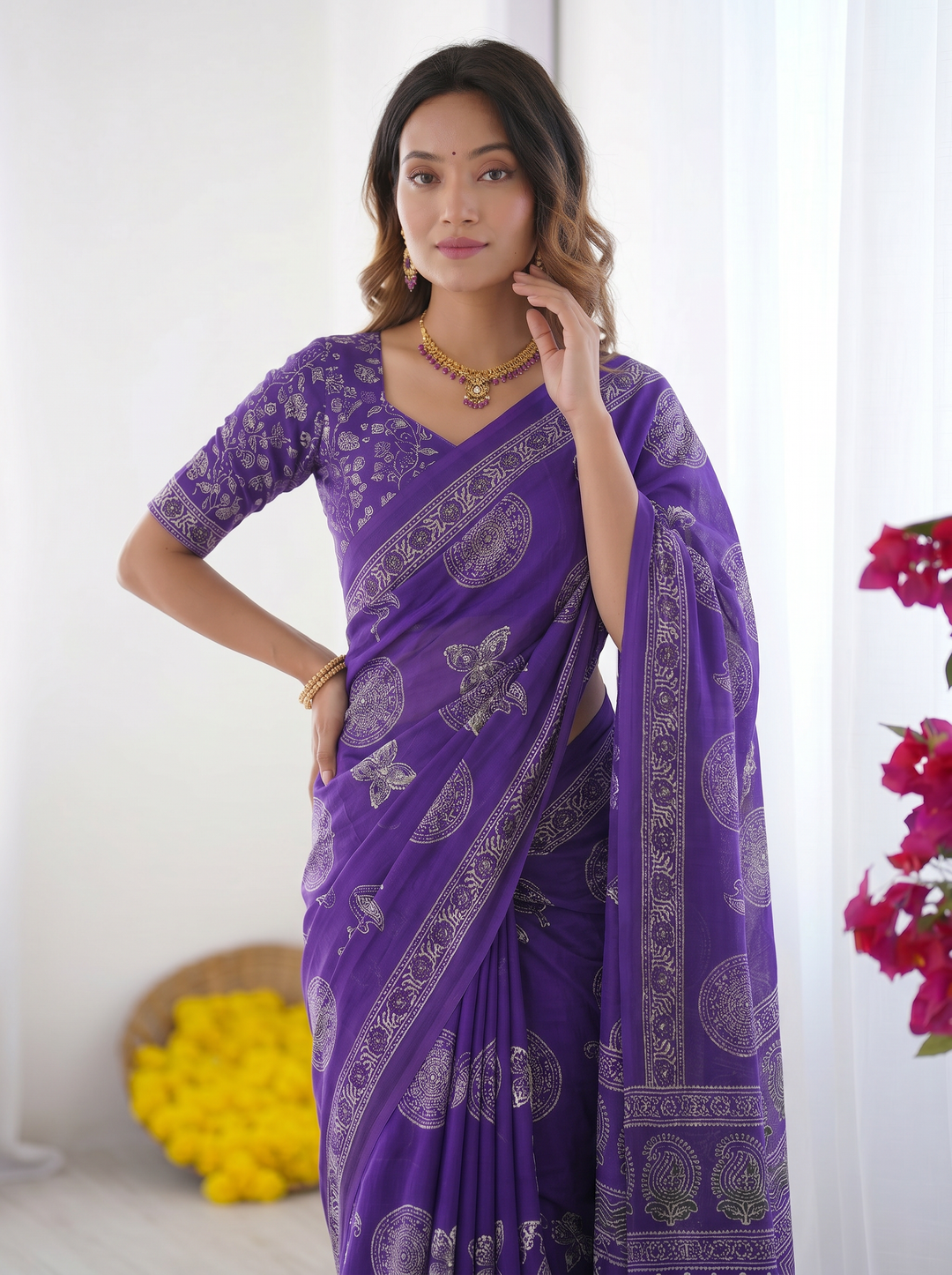 Royal Purple Modal Silk Saree with Circular Medallion Print &amp; Heritage Designer Pallu | Festive &amp; Ethnic Wear Saree