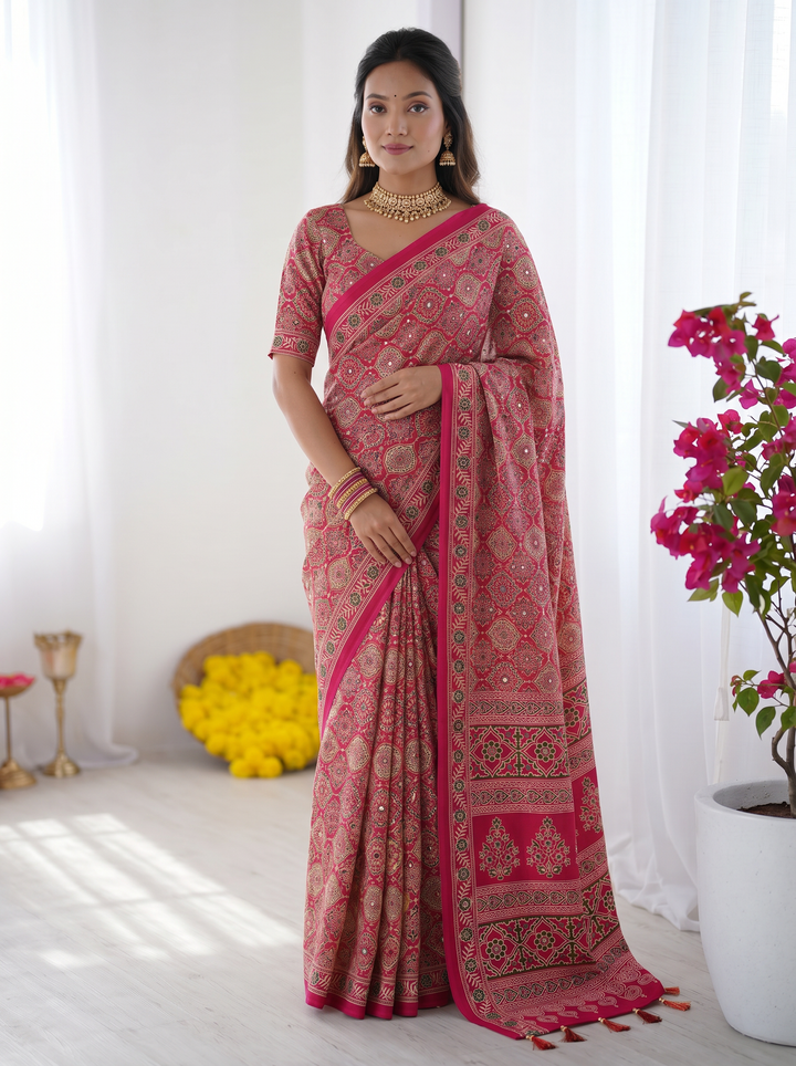 Rose Pink Modal Silk Saree with Heritage Motifs, Intricate All-Over Print &amp; Designer Pallu
