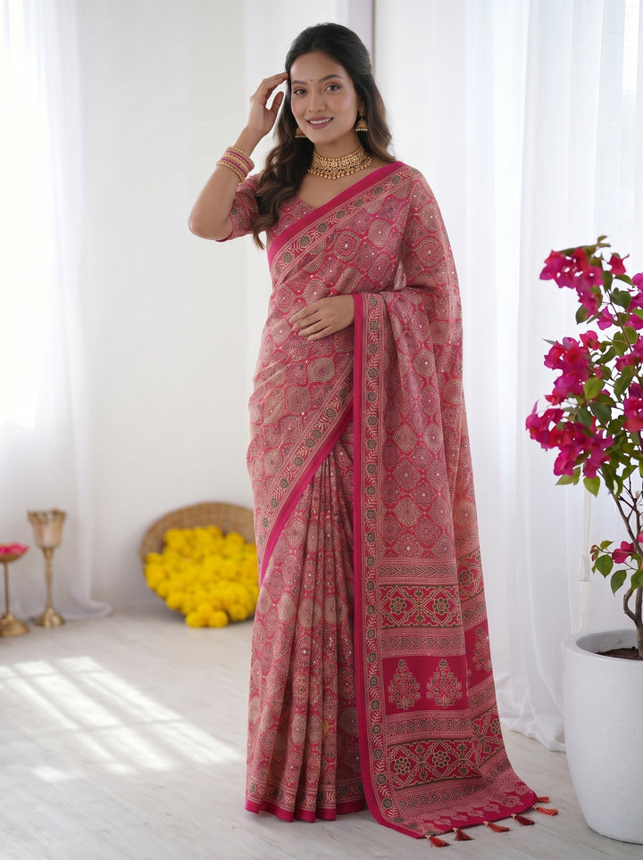 Rose Pink Modal Silk Saree with Heritage Motifs, Intricate All-Over Print &amp; Designer Pallu
