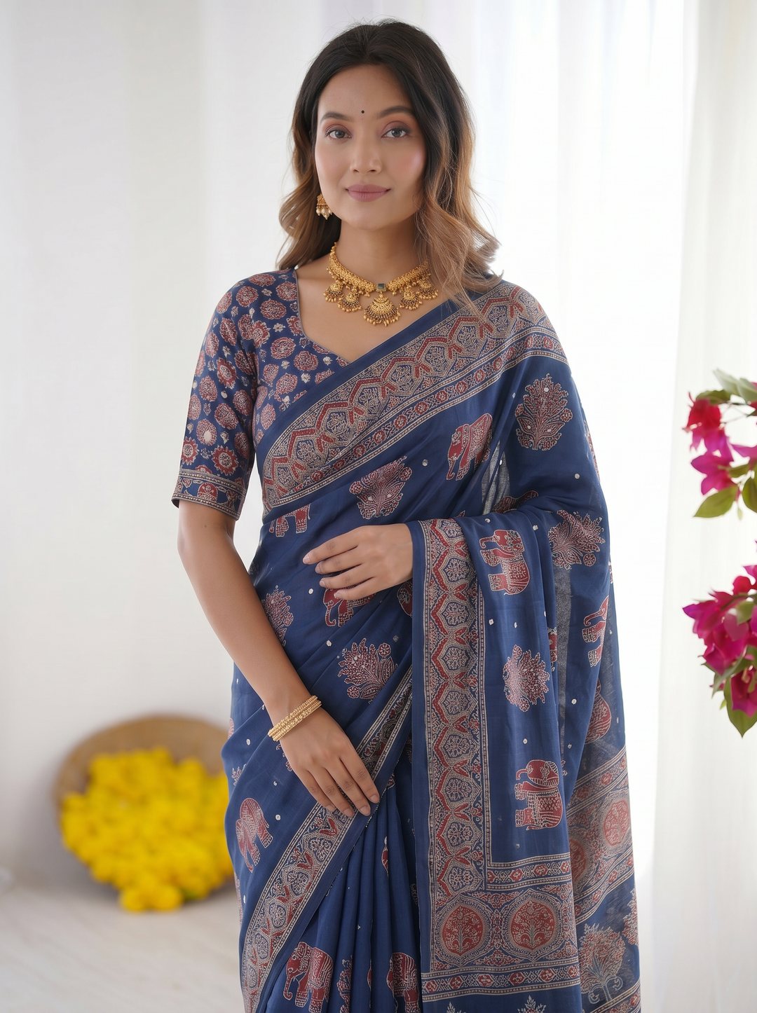 Royal Blue Modal Silk Saree with Elephant Motif Heritage Print &amp; Designer Pallu | Traditional Festive Wear Saree