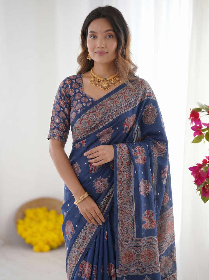 Royal Blue Modal Silk Saree with Elephant Motif Heritage Print &amp; Designer Pallu | Traditional Festive Wear Saree