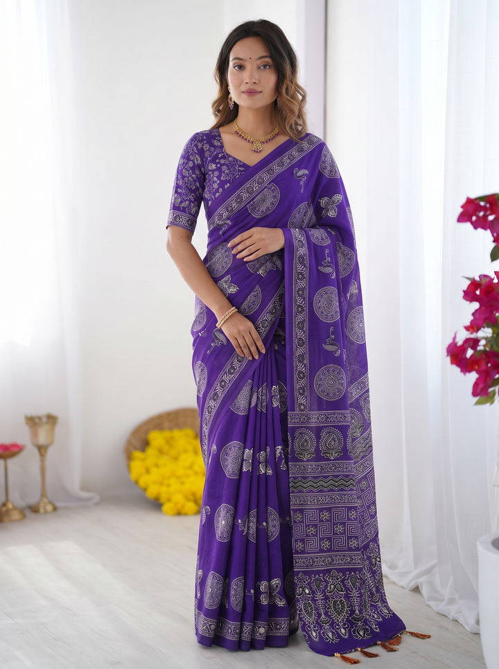 Royal Purple Modal Silk Saree with Circular Medallion Print &amp; Heritage Designer Pallu | Festive &amp; Ethnic Wear Saree