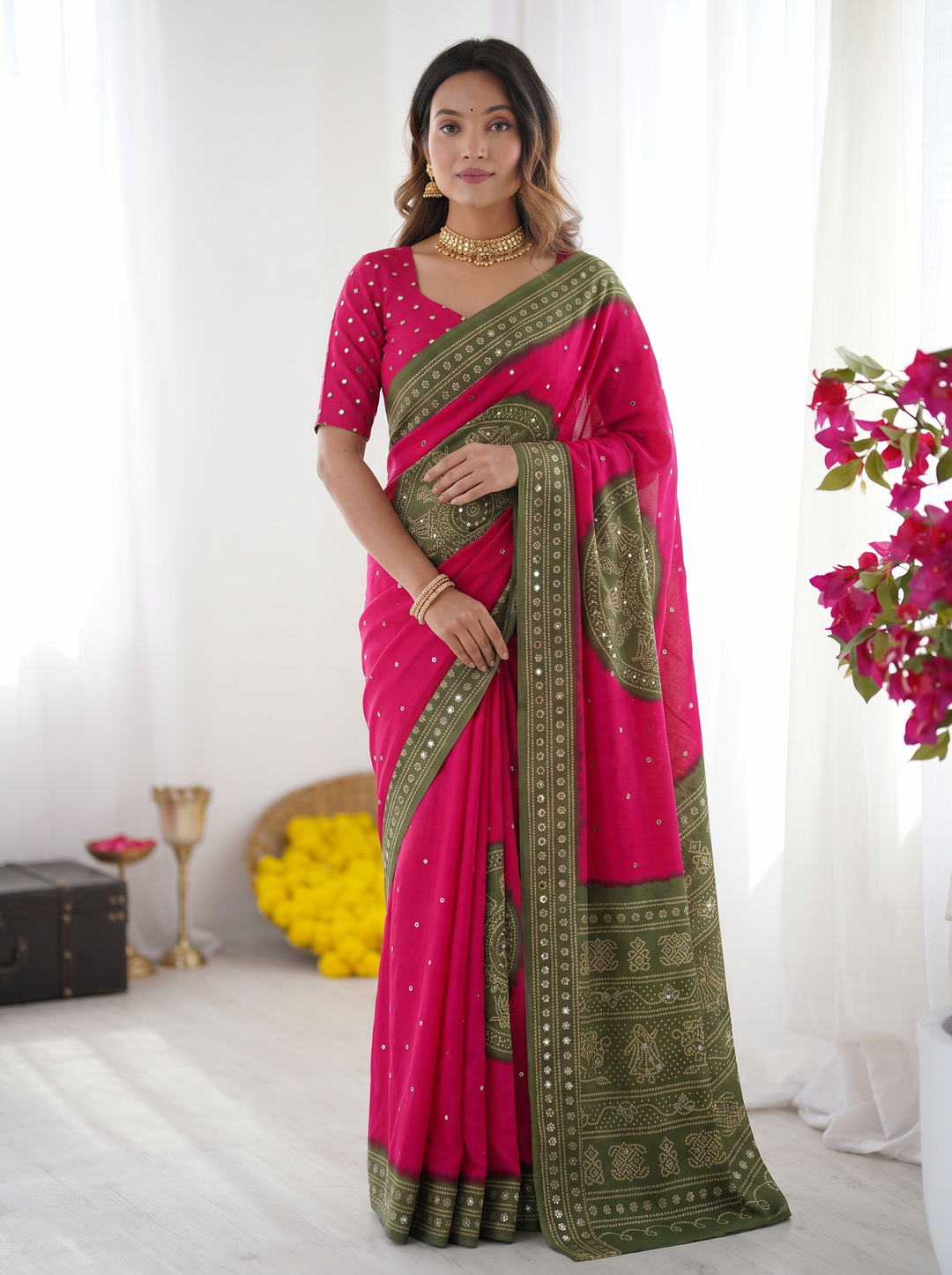 Rani Pink &amp; Olive Green Bandhani Inspired Modal Silk Saree with Traditional Folk Print Pallu &amp; Stone Embellishments