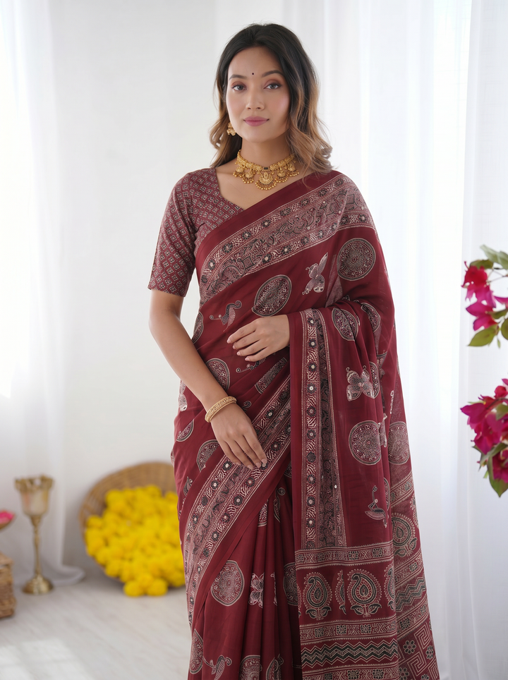 Maroon Modal Silk Saree with Paisley &amp; Circular Motif Print | Designer Heritage Pallu Saree for Festive Wear