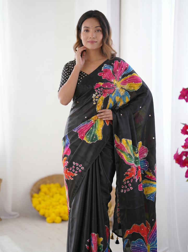 Black Modal Silk Saree with Multicolor Floral Art Print, Handcrafted-Inspired Design &amp; Designer Tassel Pallu