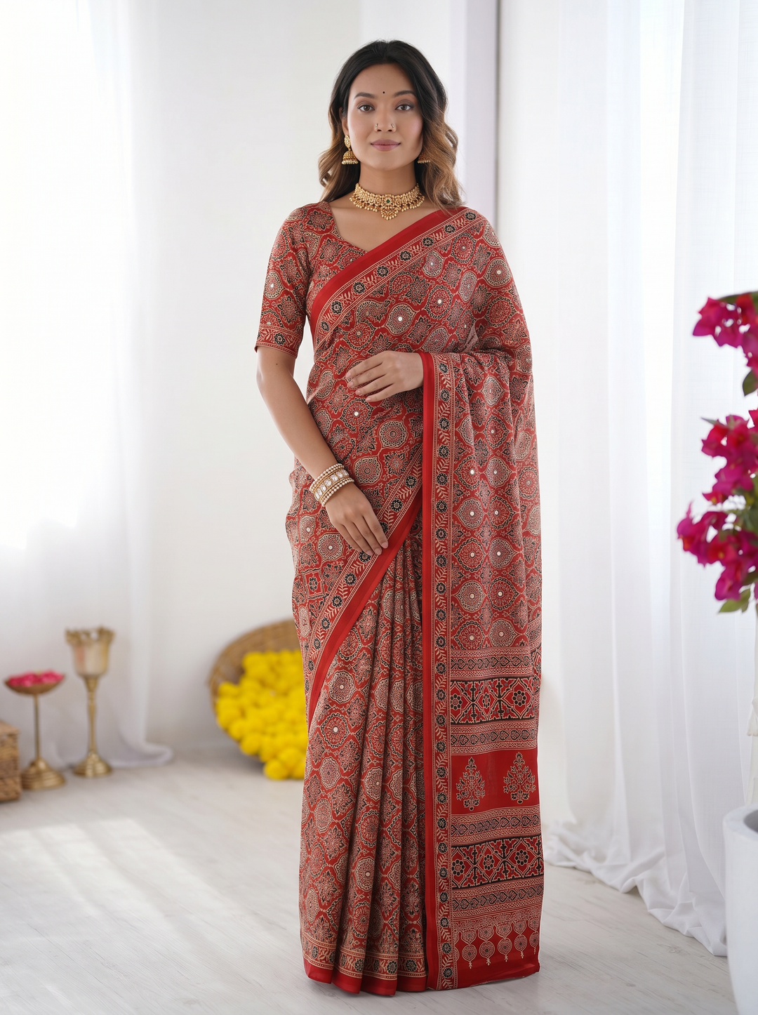Rustic Brick Red Modal Silk Saree with Heritage Geometric Motifs, Traditional Designer Border &amp; Artistic Pallu