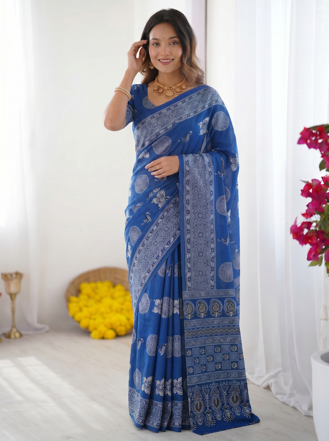 Royal Blue Modal Silk Saree with Paisley &amp; Circular Motif Print | Designer Heritage Pallu Saree for Festive Wear