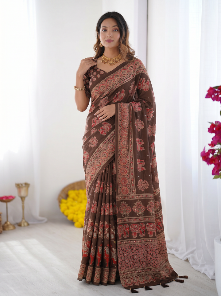 Chocolate Brown Modal Silk Saree with Elephant Motif Heritage Print &amp; Designer Pallu | Traditional Festive Wear Saree