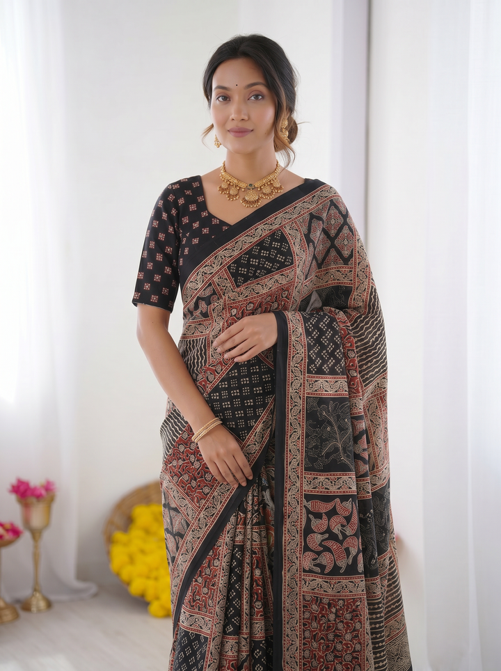Black Modal Silk Saree with Tribal &amp; Geometric Print | Designer Heritage Pallu Saree for Festive Wear