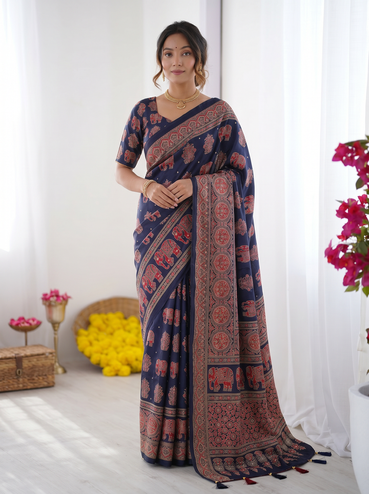 Navy Blue Modal Silk Saree with Elephant Motif Ajrakh Print &amp; Heritage Designer Pallu | Traditional Festive Wear Saree