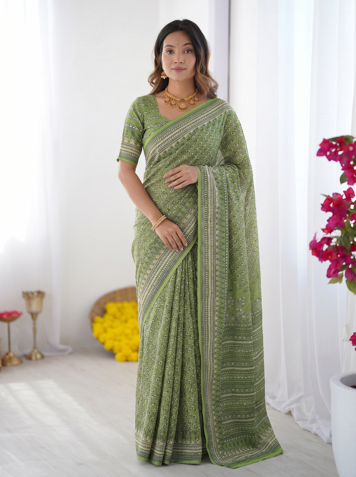 Sage Green Modal Silk Saree with Delicate Floral Butti Prints, Traditional Heritage Border &amp; Elegant Designer Pallu