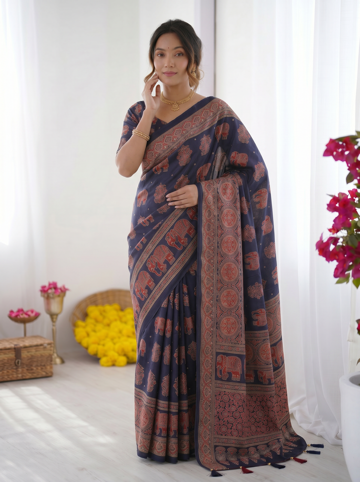 Navy Blue Modal Silk Saree with Elephant Motif Ajrakh Print &amp; Heritage Designer Pallu | Traditional Festive Wear Saree