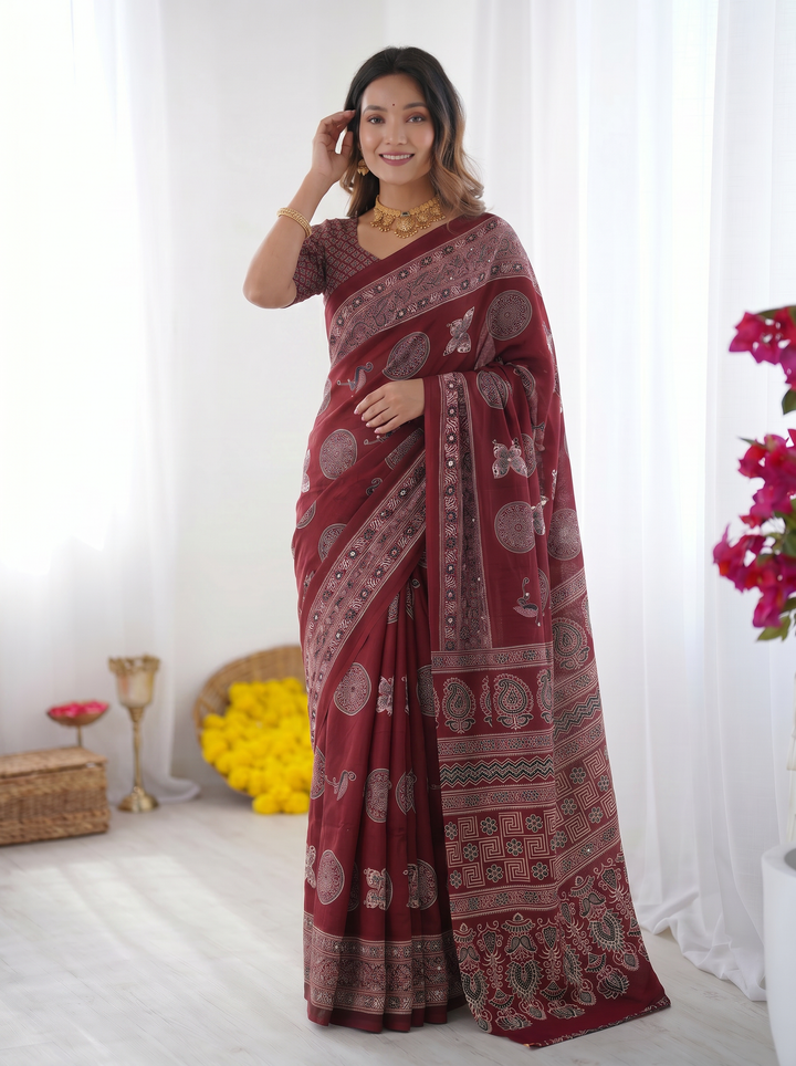 Maroon Modal Silk Saree with Paisley &amp; Circular Motif Print | Designer Heritage Pallu Saree for Festive Wear