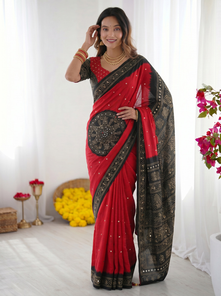 Crimson Red &amp; Black Modal Silk Saree with Traditional Bandhani Inspired Motifs, Stone Work &amp; Heritage Folk Art Pallu