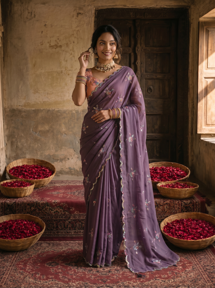 Dusty Lavender Georgette Embroidered Saree with Floral Sequin Work &amp; Peach Designer Blouse