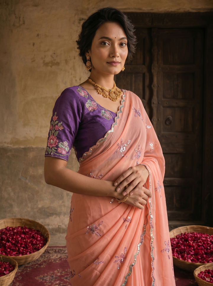 Peach Pink Georgette Embroidered Saree with Floral Sequin Work &amp; Contrast Purple Blouse