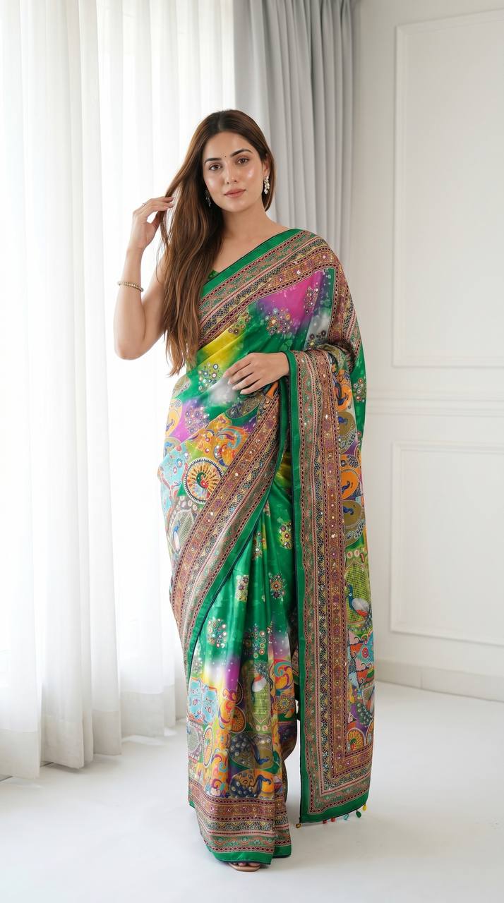 Emerald Green Artistic Digital Print Modal Silk Saree with Heritage Border, Multicolor Motifs &amp; Decorative Tassels
