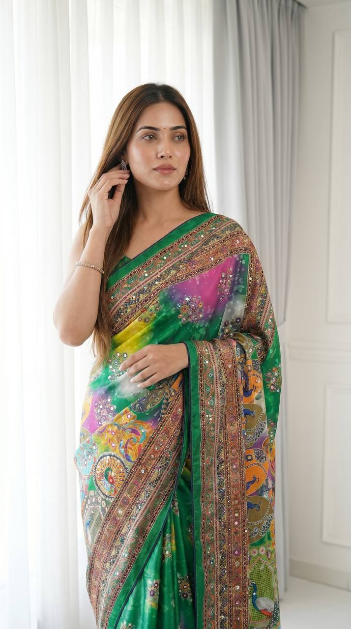 Emerald Green Artistic Digital Print Modal Silk Saree with Heritage Border, Multicolor Motifs &amp; Decorative Tassels
