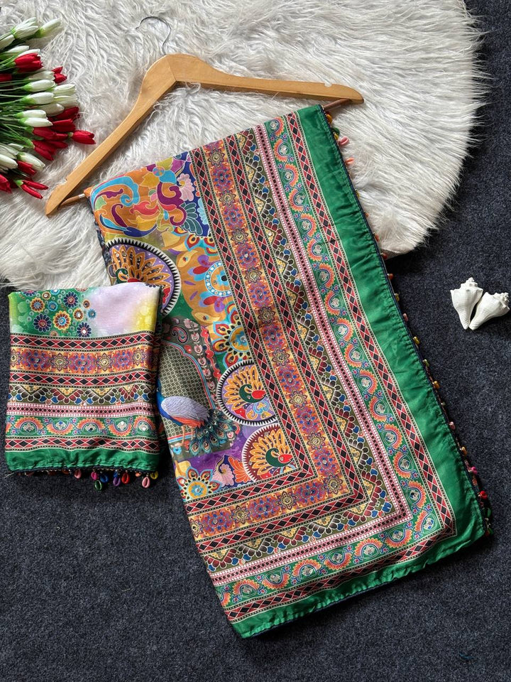 Emerald Green Artistic Digital Print Modal Silk Saree with Heritage Border, Multicolor Motifs &amp; Decorative Tassels