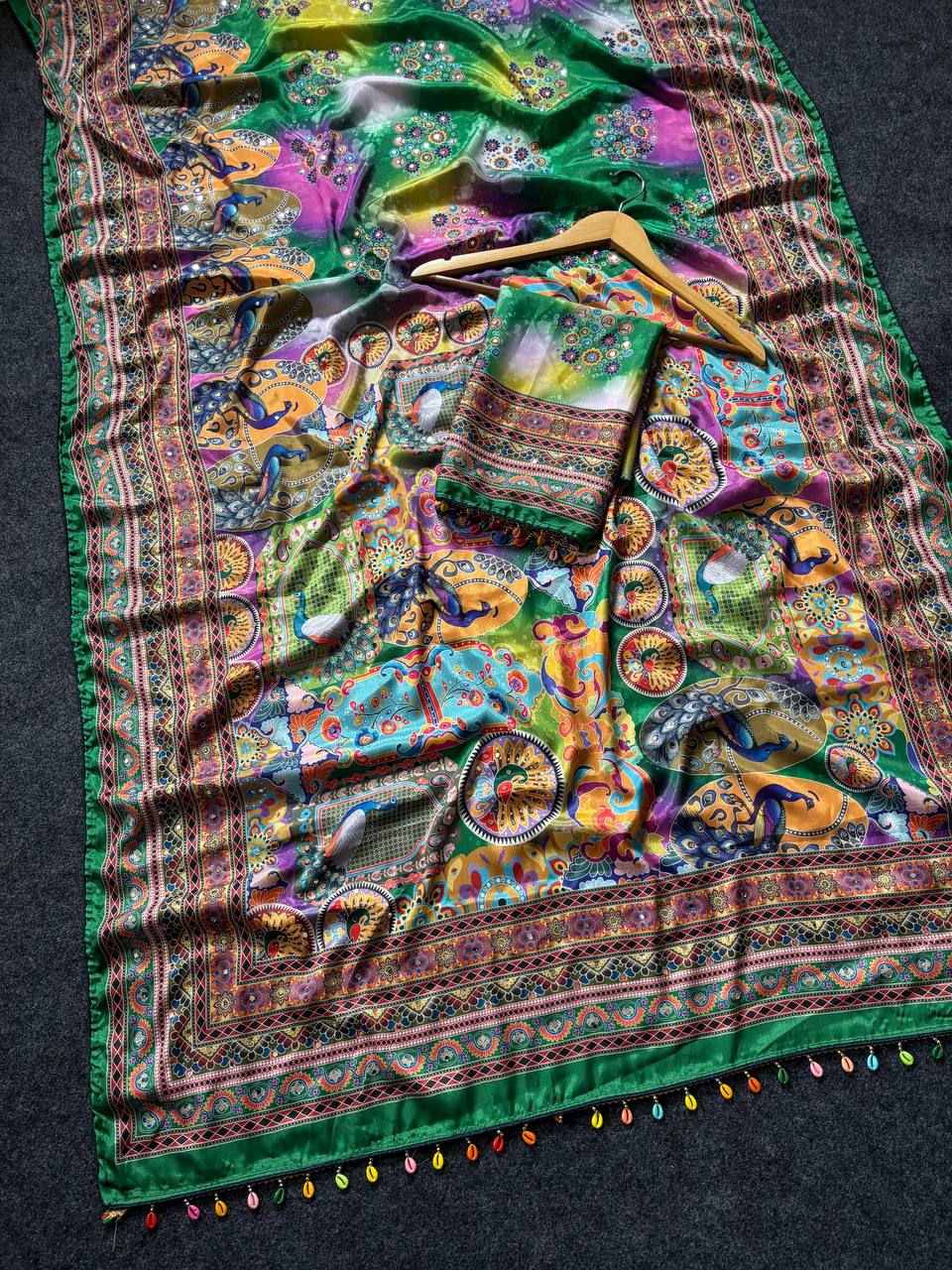 Emerald Green Artistic Digital Print Modal Silk Saree with Heritage Border, Multicolor Motifs &amp; Decorative Tassels