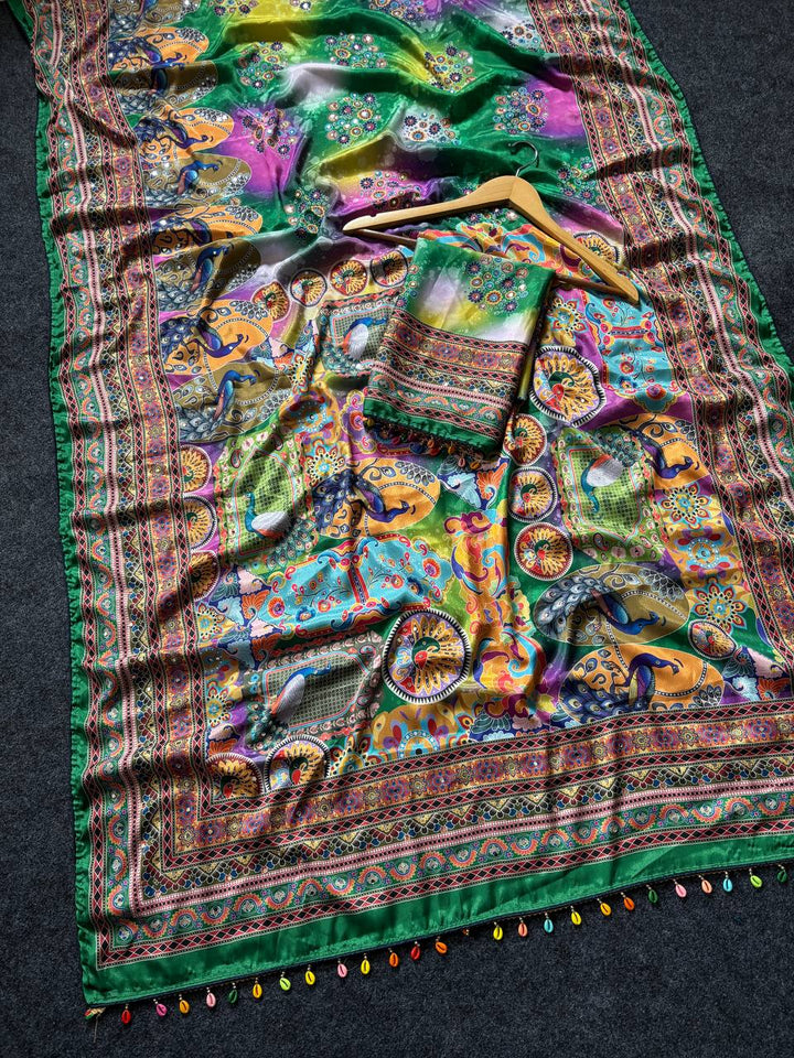 Emerald Green Artistic Digital Print Modal Silk Saree with Heritage Border, Multicolor Motifs &amp; Decorative Tassels