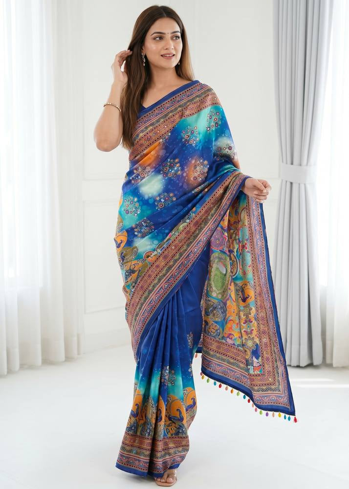 Royal Blue Artistic Digital Print Modal Silk Saree with Multicolor Heritage Border, Designer Pallu &amp; Tassel Detailing