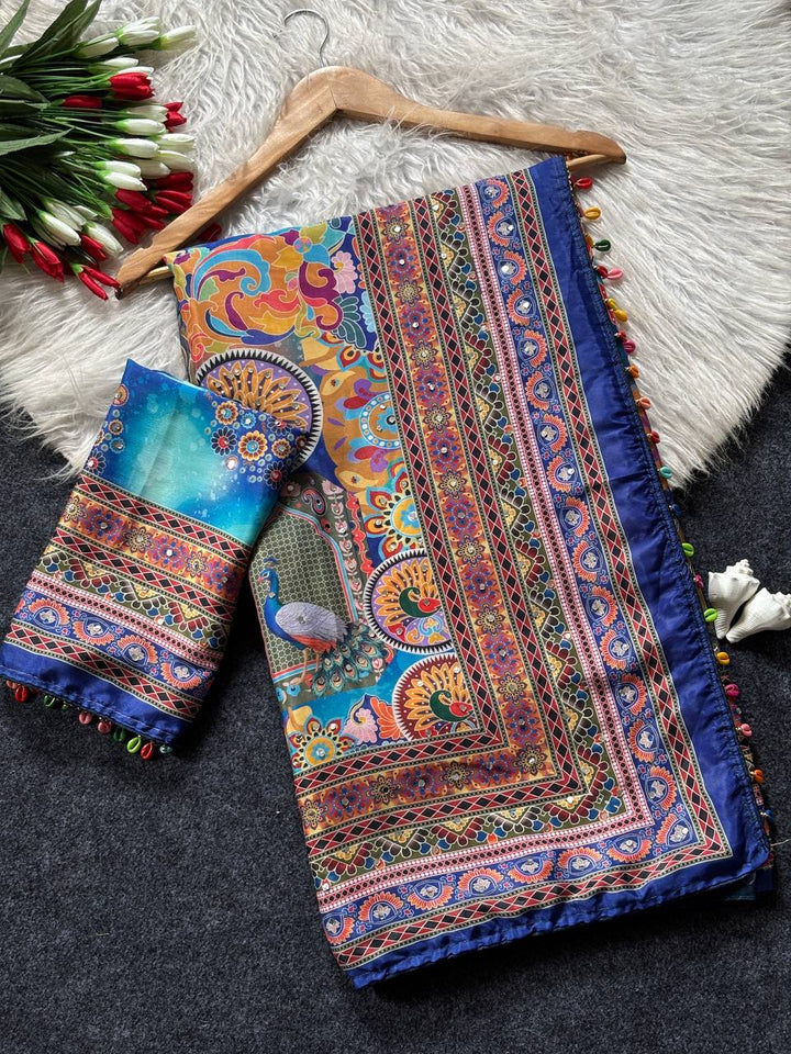 Royal Blue Artistic Digital Print Modal Silk Saree with Multicolor Heritage Border, Designer Pallu &amp; Tassel Detailing