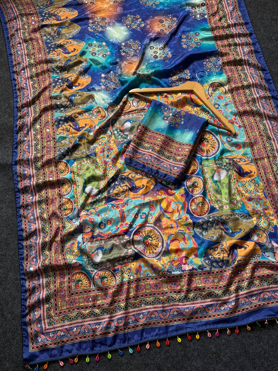 Royal Blue Artistic Digital Print Modal Silk Saree with Multicolor Heritage Border, Designer Pallu &amp; Tassel Detailing