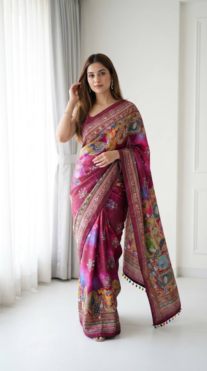 Magenta Purple Artistic Digital Print Modal Silk Saree with Heritage Border, Multicolor Designer Pallu &amp; Tassel Detailing