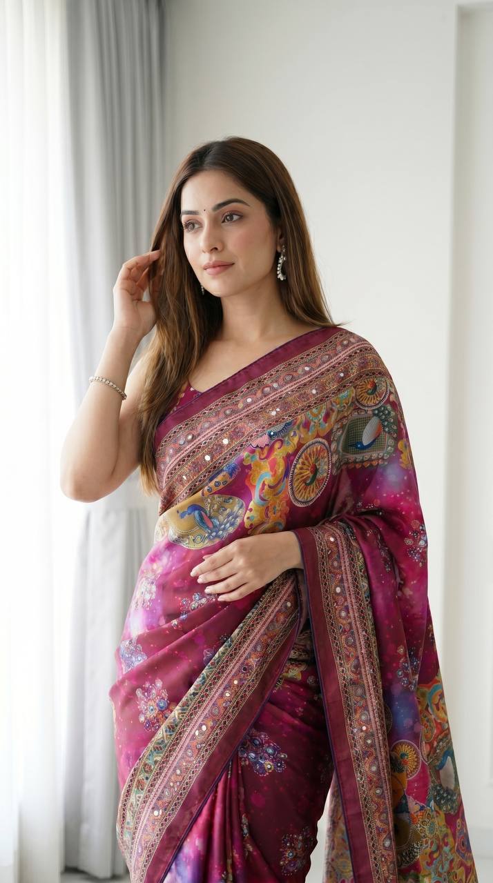 Magenta Purple Artistic Digital Print Modal Silk Saree with Heritage Border, Multicolor Designer Pallu &amp; Tassel Detailing